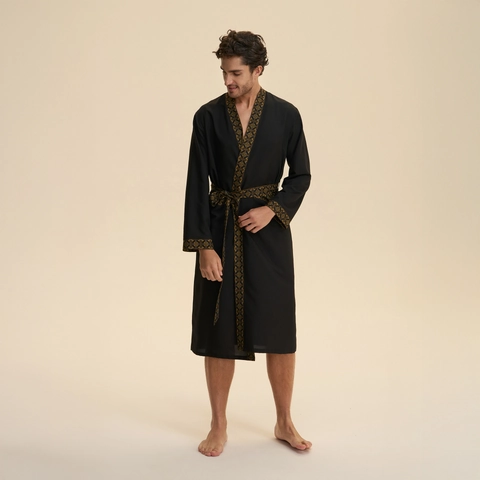 Men Satin Robe Vintage Geometric Trim Long Sleeve Nightgown And Shorts Set Luxurious Hotel Loungewear Bathrobe For Men