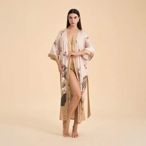 Dames Satijn Lange Kimono Badjas Elegant Bloemen Print Slaapkleding Zacht Los Nachtpon Met Riem V-Hals Huiskleding
