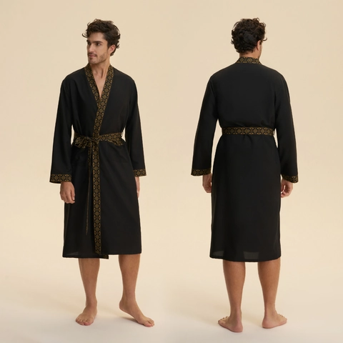 Men's Luxury Cloud Cotton Bathrobe With Long Sleeve Geometric Trim V-Neck Soft Sleepwear Nightgown For Home Hotel Use