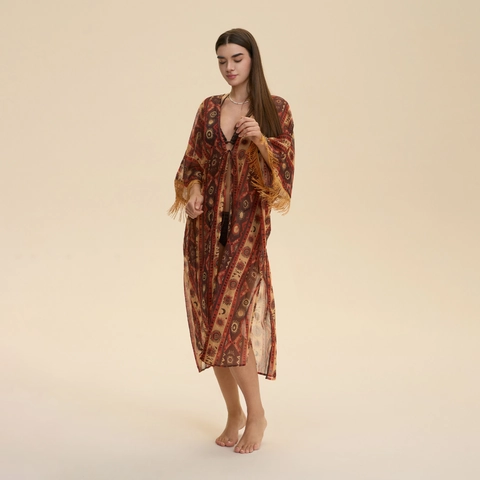 Copricostume da Spiaggia in Chiffon Bohémien da Donna Cardigan Lungo Kimono Con Nappine Stampa Etnica Protezione Solare Resort