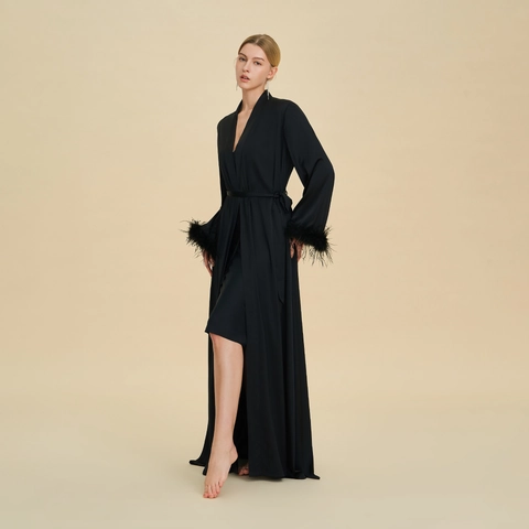 Luxurious Satin Long Robe With Feather Trim V Neck Elegant Nightgown For Women Morning Gown Elegant Pajamas