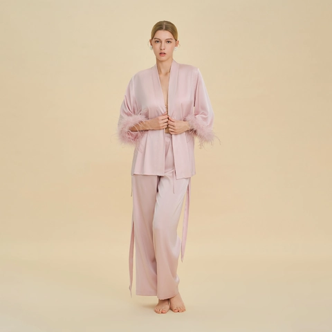 Set Pigiama Elegante in Raso Con Polsini in Piume Rimovibili Scollo a V Manica Lunga Top Avvolgente Con Cintura e Pantaloni