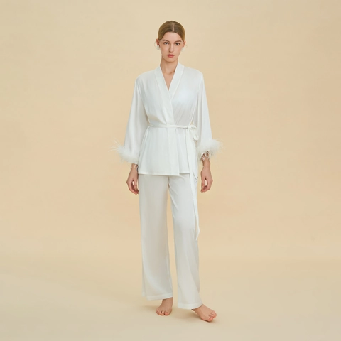 Pigiama di Lusso in Satin Top E Pantaloni Donna Camicetta a Portafoglio Manica Lunga Con Polsini in Piuma Rimovibili Loungewear