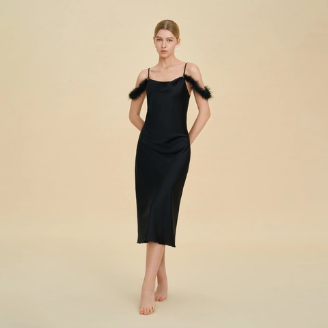 Luxuriöses Satin Spaghetti-Träger Nachthemd Mit Federbesatz Wasserfallausschnitt Nachtwäsche Für Damen Brautjungfern Geschenk Sexy Midi-Kleid
