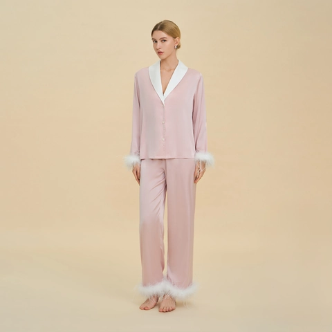 Pigiama da Donna in Raso di Lusso Maglia a Maniche Lunghe con Bavero e Pantaloni con Bordo in Piume Elegante Abbigliamento da Casa