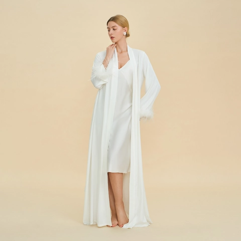 Elegant Women's Satin Pajama Robe And Nightdress Feather Trim Cuffs Solid Color Sleepwear Luxurious Loungewear Home Wear Suit