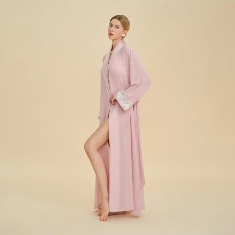 Bata Larga de Satén para Mujer Elegante Ribete de Encaje Cuello en V Camisón Suave Tacto Seda Albornoz Con Lazo Pijama para Boda Dama de Honor Fiesta