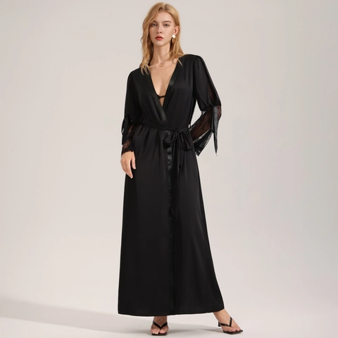 Peignoir Long en Satin Noir Sexy pour Femmes Patchwork de Dentelle Col en V Robe de Chambre Avec Ceinture Élégant Vêtements de Nuit