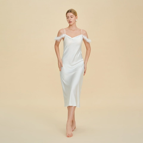 Camisón de Satén Sexy para Mujer Cuello Hamaca Tirantes de Plumas Pijama Lujoso Ajustado Espalda Descubierta Vestido Midi de Noche