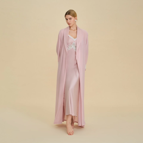 Set Pigiama da Donna in Raso di Lusso Bordo in Pizzo Scollo a V Camicia da Notte con Bretelle e Vestaglia Lunga a Maniche Lunghe