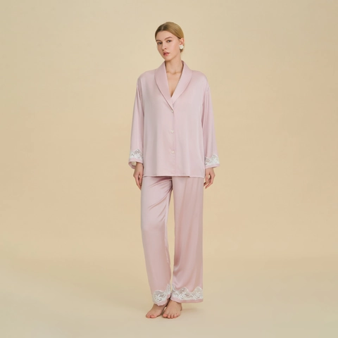Pyjama en Satin de Luxe Femme Haut à Manches Longues et Pantalon Long avec Bordure en Dentelle Style Français Vêtements de Nuit