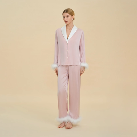 Luxe Satijnen Pyjamaset Voor Dames Met Elegante Veren Bies Contrast Revers Lange Mouw Top En Broek Loungewear Nachtmode