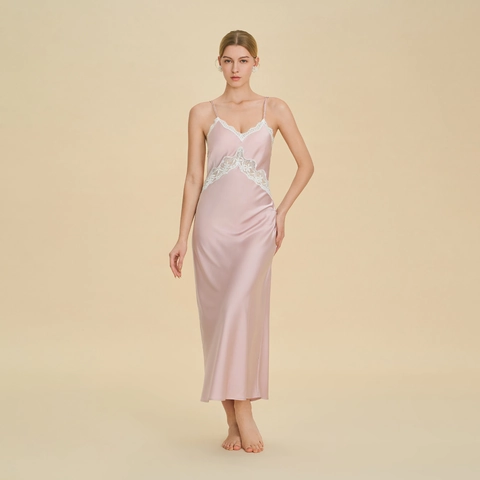 Damen Sexy Satin Nachthemd Rückenfrei V-Ausschnitt Spitze Spaghettiträger Nachtwäsche Elegant Lang Chemise Lounge Kleid