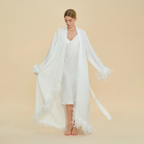Luxurious Women Satin Robe And Slip Dress Featuring Elegant Feather Trim Long Sleeve Nightgown For Bridal Lounge