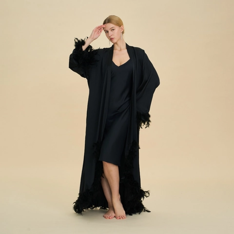 Luxurious Women Satin Robe And Slip Dress Featuring Elegant Feather Trim Long Sleeve Nightgown For Bridal Lounge