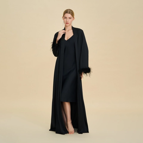 Elegant Women's Satin Pajama Robe And Nightdress Feather Trim Cuffs Solid Color Sleepwear Luxurious Loungewear Home Wear Suit