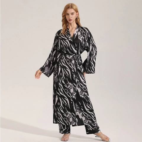Donna Lussuosa Vestaglia Lunga in Raso Leopardato E Pantaloni Fantasia Animale Abbigliamento da Casa Casual Pigiama Elegante
