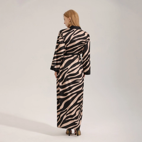 Vestaglia da Donna in Raso con Stampa Zebra Scollo a V Maniche Lunghe Camicia da Notte Lunga Casual con Cintura Copricostume