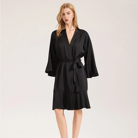 Women Elegant Satin Bathrobe V-Neck Bell Sleeve Ruffle Hem Nightgown Tie Waist Solid Color Black Home Wear Sleepwear