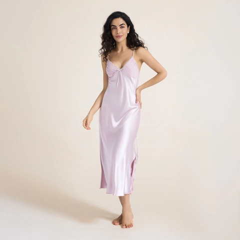 Women Sexy Satin Nightgown Lace V Neck Side Split Slip Dress Solid Color Sleepwear Long Nightie For Ladies Home Wear