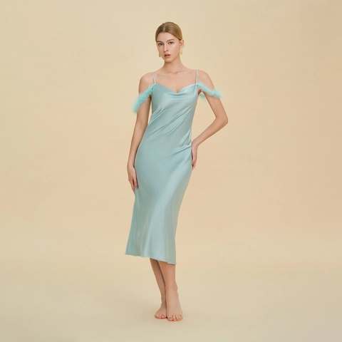 Damen Elegantes Satin Nachthemd Mit Straußenfeder Trägern Wasserfall Ausschnitt Sexy Slim Fit Midi Schlafkleid Slip Partykleid