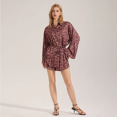 Pigiama da Donna Retro in Raso Camicia E Pantaloncini Stampa Geometrica Manica Lunga Abbottonata Top E Pantaloni da Notte