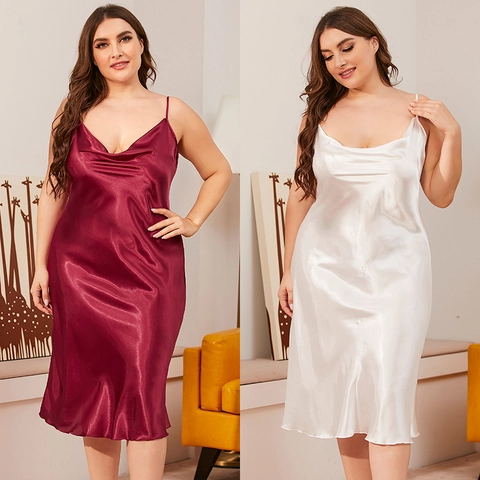 Camicia da Notte in Raso da Donna Taglie Forti Scollo a Cappuccio Spalline Sottili Elegante Tinta Unita Comoda per Casa