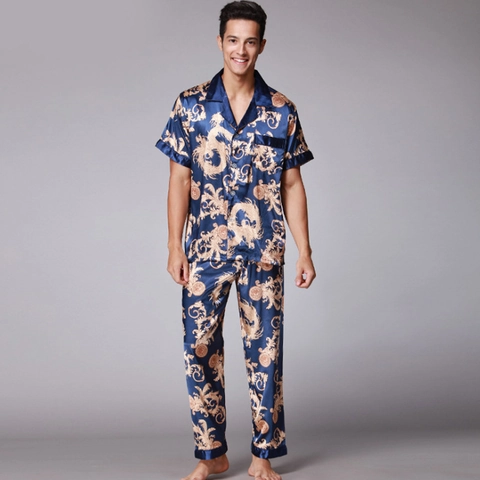 Men Satin Pajamas Short Sleeve Top And Long Pants Dragon Baroque Print Loungewear Nightwear Button Down Sleepwear