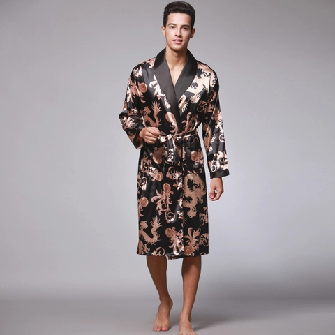 Vestaglia da Uomo in Satin di Lusso Pigiama Effetto Seta a Maniche Lunghe Motivo Drago Cinese Collo a Scialle con Cintura