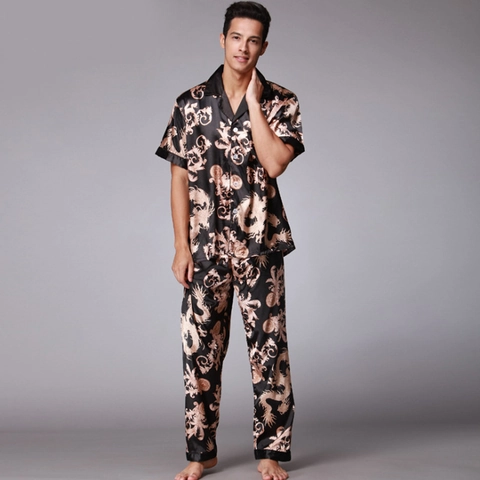 Men Satin Pajamas Short Sleeve Top And Long Pants Dragon Baroque Print Loungewear Nightwear Button Down Sleepwear