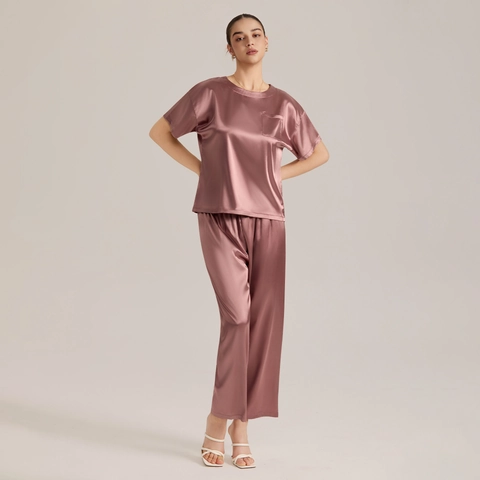 Conjunto de Pijama de Satén para Mujer Top de Manga Corta y Pantalones Largos Bolsillo Cuello Redondo Verano Suave Ropa de Dormir