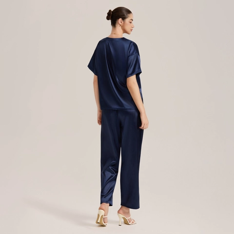 Conjunto de Pijama de Satén para Mujer Top de Manga Corta y Pantalones Largos Bolsillo Cuello Redondo Verano Suave Ropa de Dormir