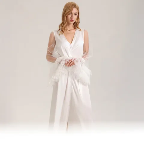 Damen Langer Satin Bademantel Sexy Weißes Nachthemd Mit Netzärmeln Und Federbündchen Braut Morgenmantel Luxus Hausmantel