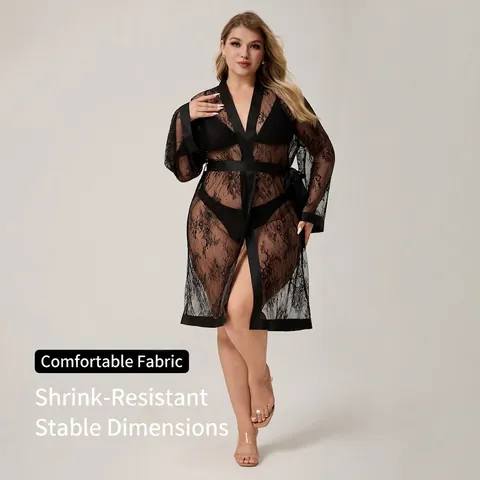 Plus Size Sexy Black Lace Nightgown For Women Sheer Floral Robe With Satin Trim V Neck Long Sleeve Home Loungewear Bathrobe