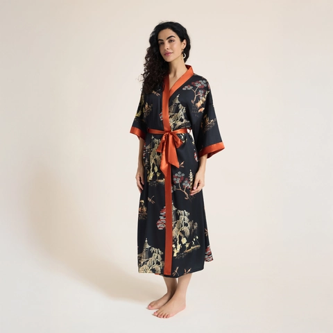 Women Long Satin Printed Robe Kimono Style V-Neck Floral Pattern Sleepwear Elegant Loungewear Nightgown Bathrobe Plus Size