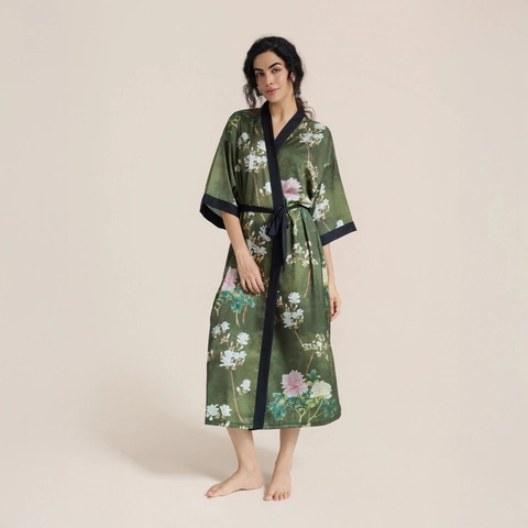Women Satin Printed Kimono Robe Long Nightgown V-Neck Sleepwear With Belt Vintage Floral Landscape Home Service Robe