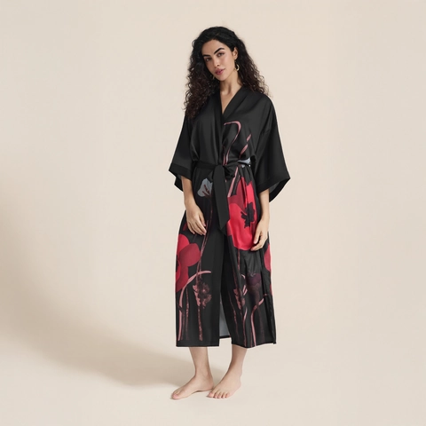 Women's Luxurious Satin Printed Kimono Robe Long Floral Landscape Pajamas Nightgown With Belt Sleepwear Loungewear