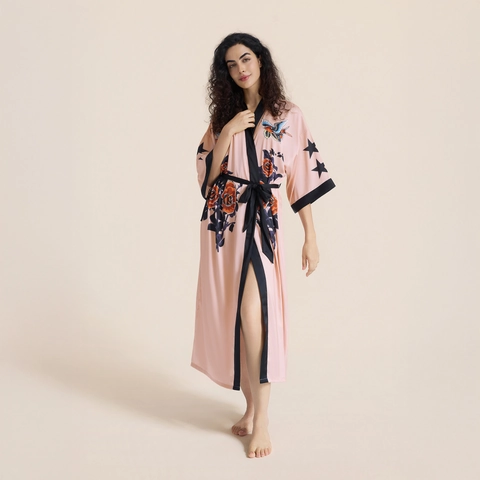 Luxurious Satin Printed Kimono Robe Women Elegant Floral Landscape Pattern V Neck Long Sleepwear Dressing Gown With Sash
