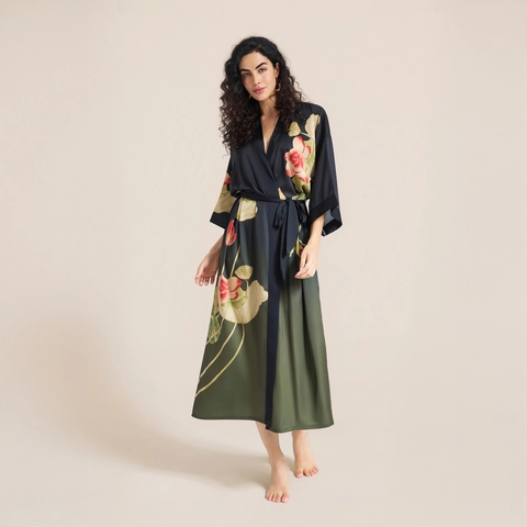 Luxurious Satin Printed Kimono Robe Women Elegant Floral Landscape Pattern V Neck Long Sleepwear Dressing Gown With Sash