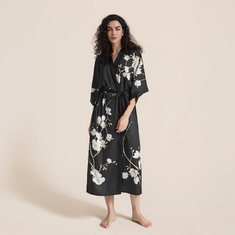 Luxurious Satin Floral Print Long Robe For Women Lightweight V-Neck Belted Kimono Nightgown Comfortable Sleepwear Lounge Wear