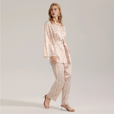 Conjunto de Pijama de Satén para Mujer con Estampado Geométrico Camiseta de Manga Larga con Cinturón y Pantalones Ropa de Dormir Cómoda