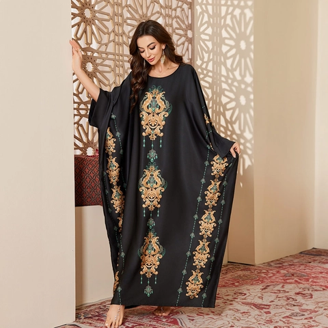 Women Satin Kaftan Abaya Sleeprobe Long Floral Print Oversized Batwing Sleeve Bohemian Loungewear Maxi Dress Nightdress