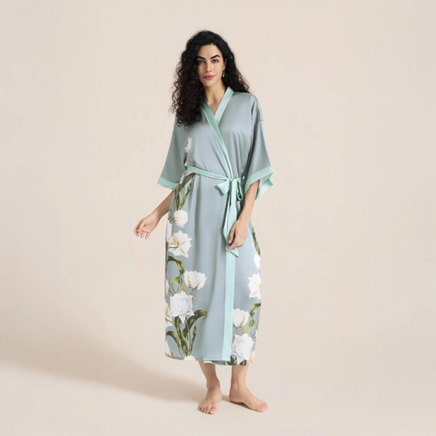 Women Luxury Satin Printed Long Kimono Robe Elegant Floral Crane Landscape V Neck Sleepwear Bathrobe Nightgown Homewear