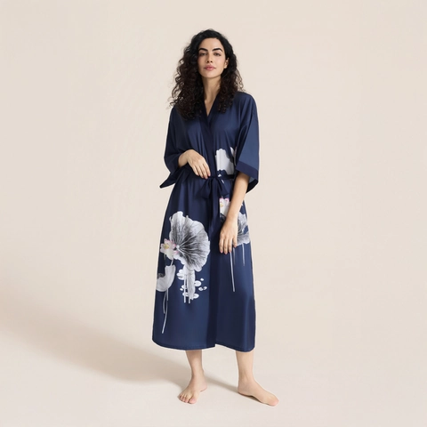 Luxurious Satin Kimono Robe Long Floral Print Nightgown Silky Sleepwear With Waist Tie Elegant Home Wear For Women