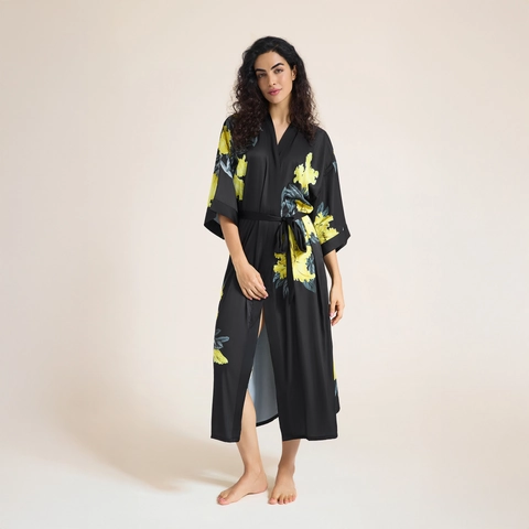 Women Long Satin Printed Robe Kimono Style V-Neck Floral Pattern Sleepwear Elegant Loungewear Nightgown Bathrobe Plus Size