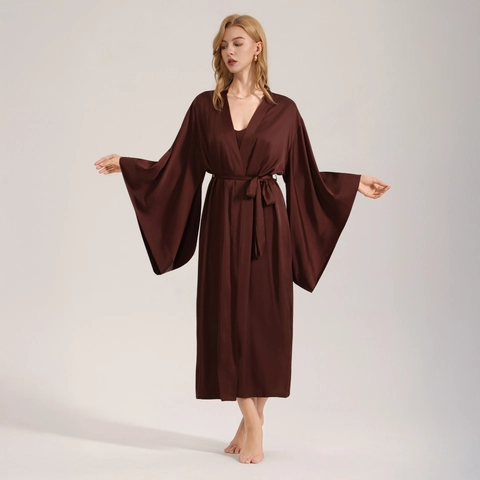 Women's Elegant Satin Bathrobe V-Neck Wide Sleeve Long Nightgown Solid Color Sleepwear Belted Loungewear For Lady