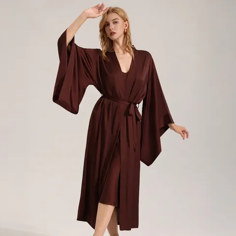 Women's Elegant Satin Bathrobe V-Neck Wide Sleeve Long Nightgown Solid Color Sleepwear Belted Loungewear For Lady
