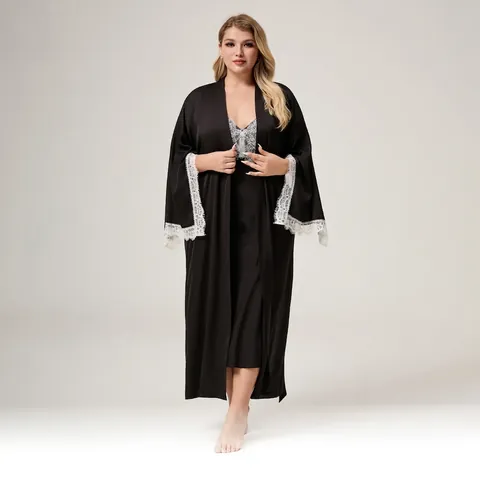 Damen Übergröße Satin Nachthemd Set Langarm Schwarze Robe Mit Weißem Spitzenbesatz V-Ausschnitt Elegante Nachtwäsche Heim Robe Set