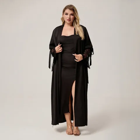 Camicia da Notte Lunga in Raso da Donna Taglie Forti Scollo a V Patchwork di Pizzo Abbigliamento da Notte Elegante Nero Accappatoio