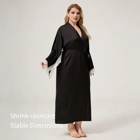 Damen Übergröße Satin Nachthemd Set Langarm Schwarze Robe Mit Weißem Spitzenbesatz V-Ausschnitt Elegante Nachtwäsche Heim Robe Set